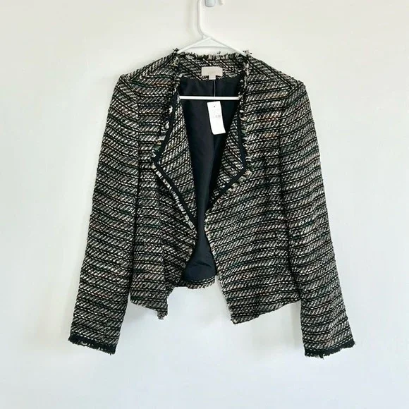 LOFT Tweed Jacket Open Front Fringe Trim Career Black Gold Size 6 - Picture 2 of 8